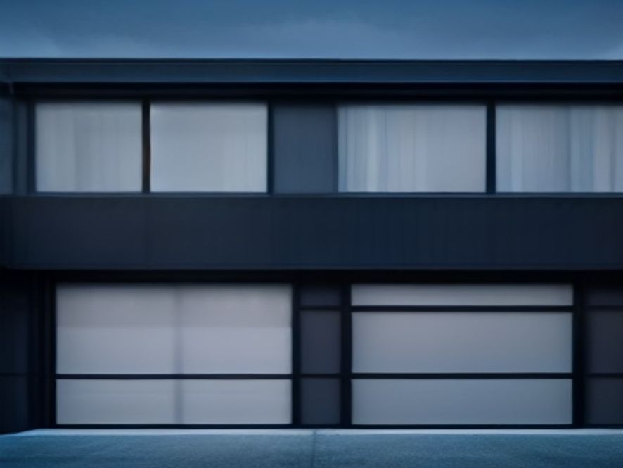 Modern frosted-glass garage door with dark aluminum framing